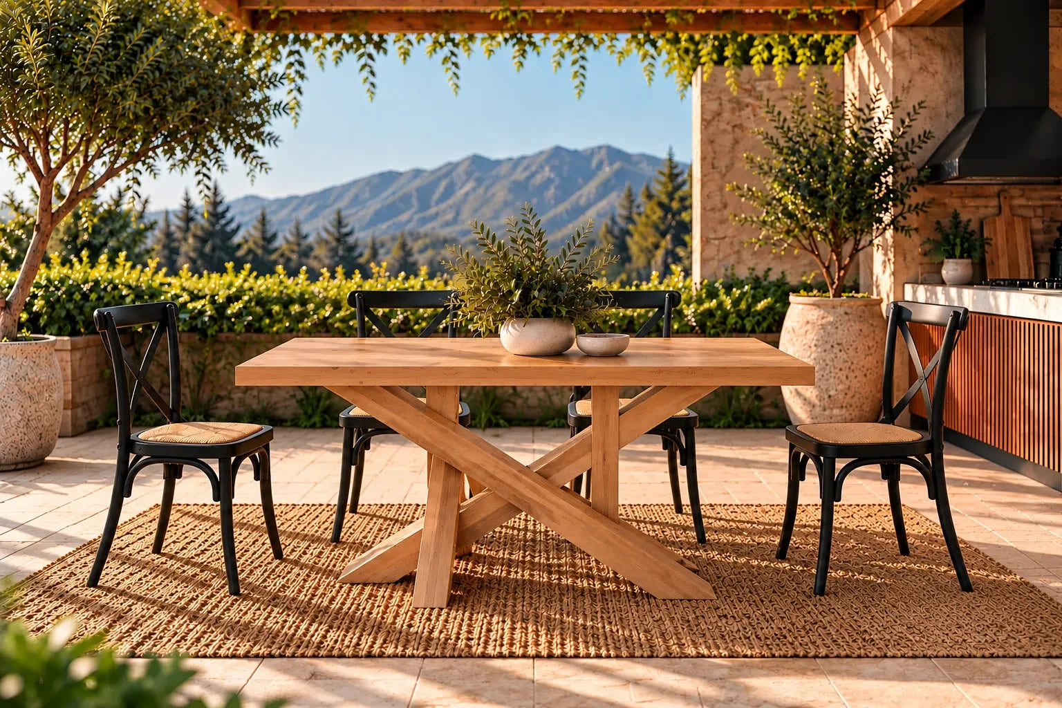 Comedor de terraza Da Vinci en lenga natural con 6 sillas Cruzeta negras – imagen referencial